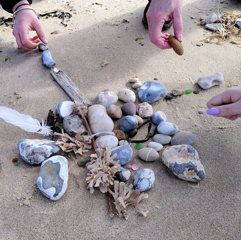 Two images of workshops - shells in the beach and people standing in the park